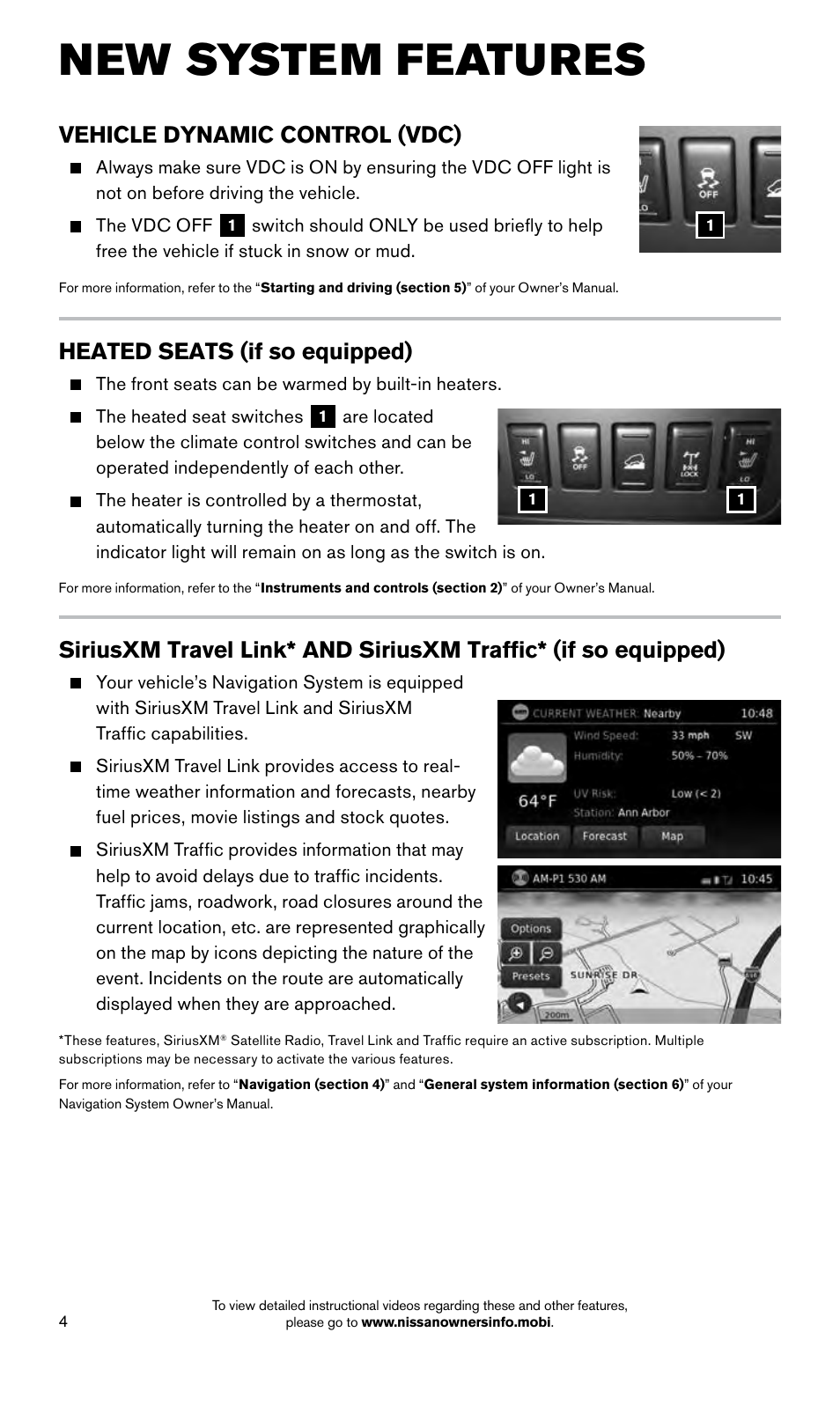 New system features, Heated seats (if so equipped), Vehicle dynamic control (vdc) | NISSAN 2015 Xterra - Quick Reference Guide User Manual | Page 6 / 24