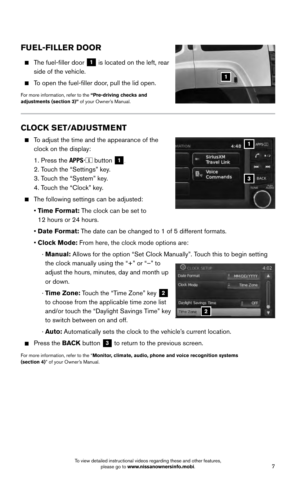 Clock set/adjustment, Fuel-filler door | NISSAN 2015 Xterra - Quick Reference Guide User Manual | Page 9 / 24