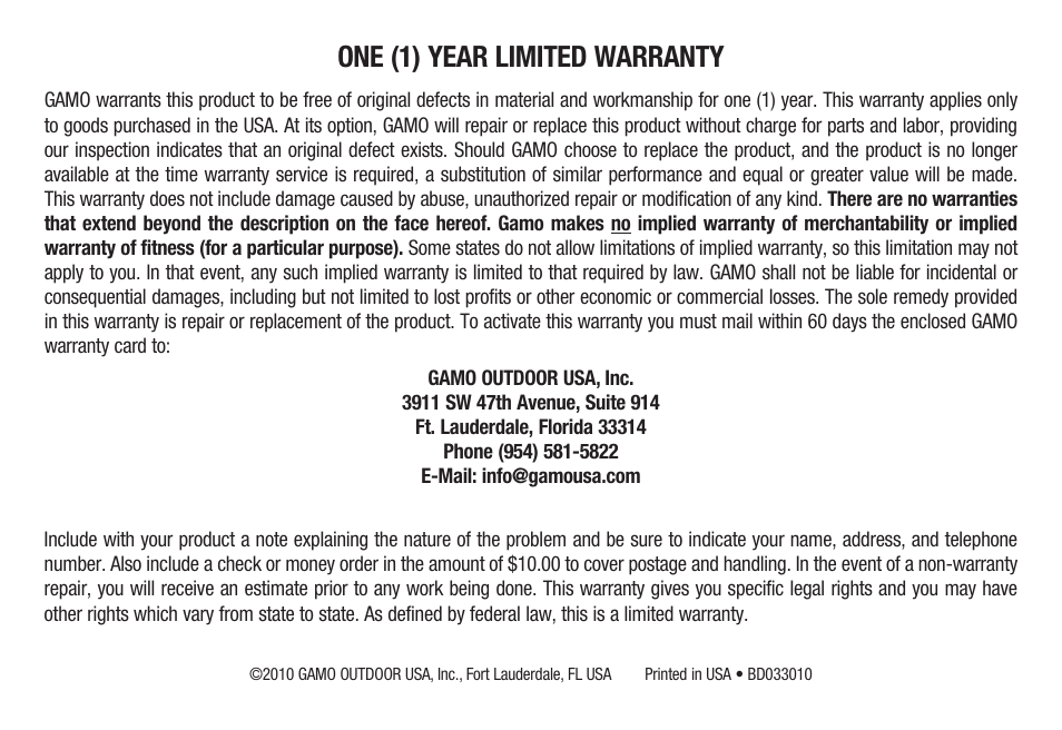 One (1) year limited warranty | Gamo P-25 Blowback Tactical User Manual | Page 30 / 30