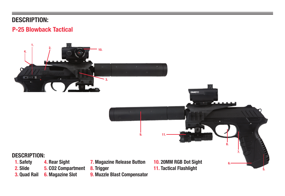 P-25 blowback tactical, Description | Gamo P-25 Blowback Tactical User Manual | Page 4 / 30