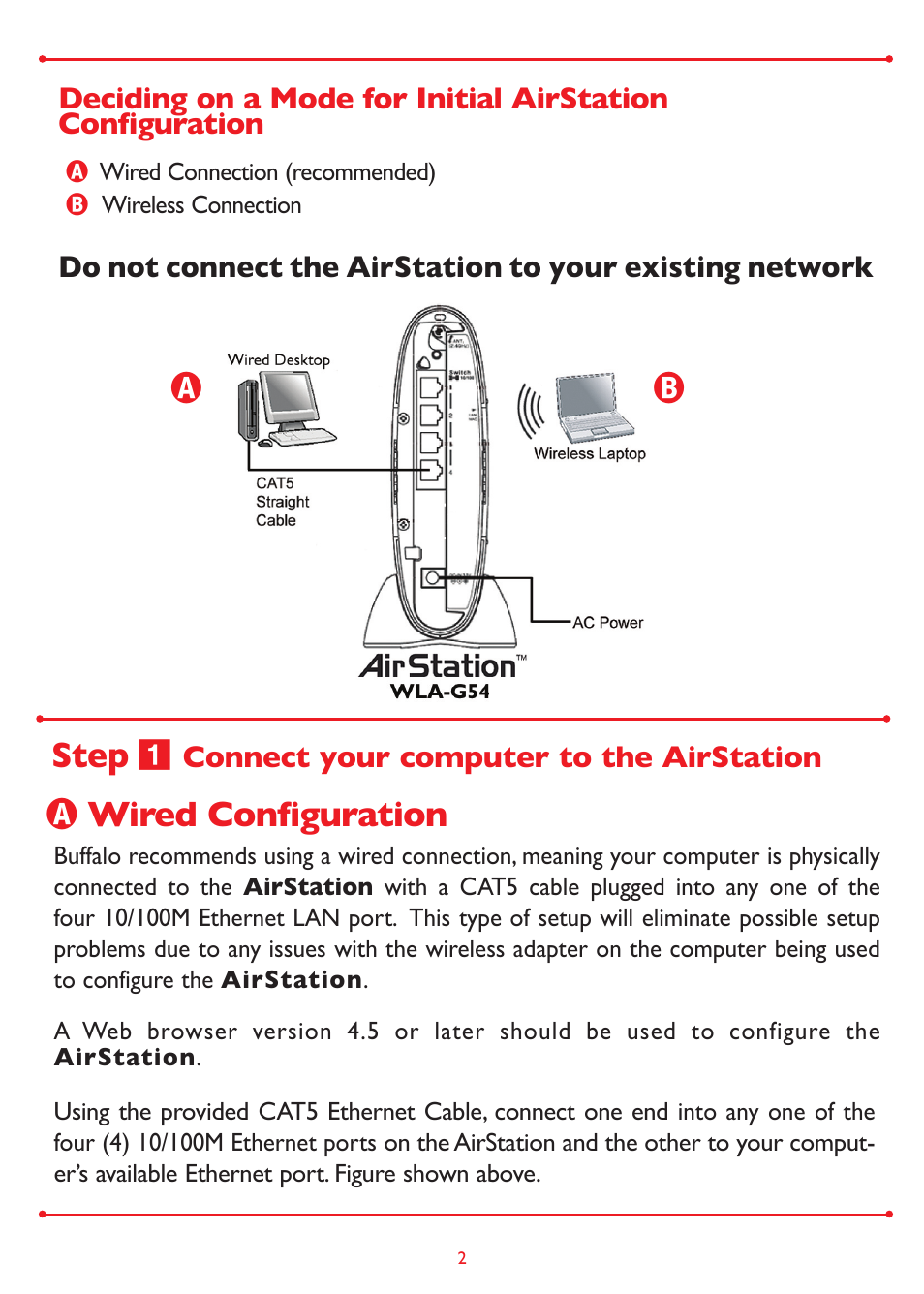 Step, Wired configuration | Buffalo Technology WLA-G54 User Manual | Page 2 / 8