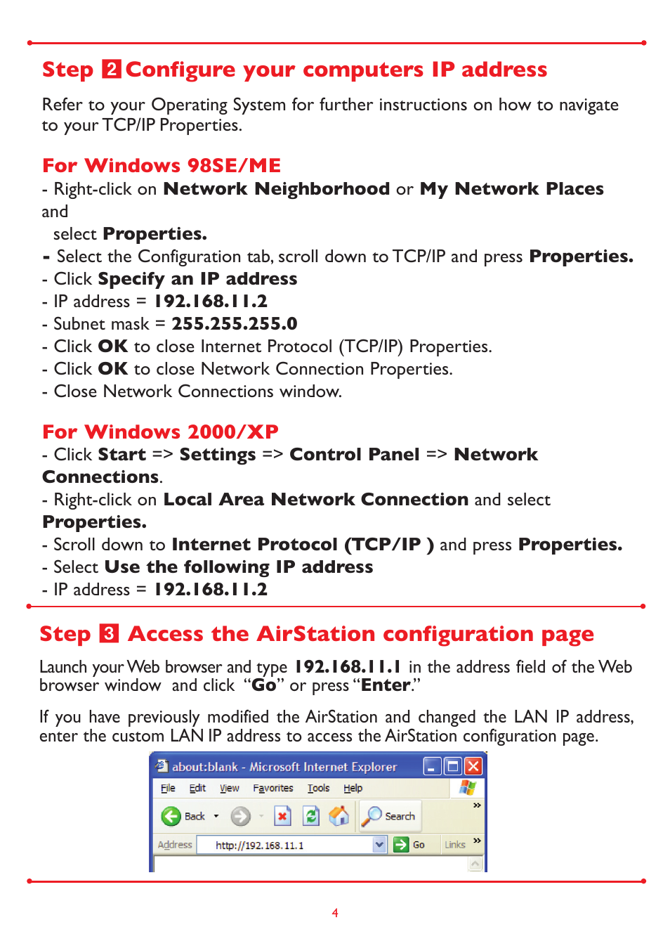 Step, Configure your computers ip address, Access the airstation configuration page | Buffalo Technology WLA-G54 User Manual | Page 4 / 8