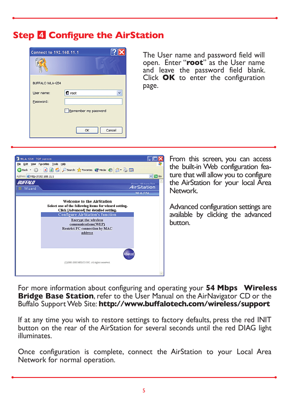 Step  configure the airstation | Buffalo Technology WLA-G54 User Manual | Page 5 / 8