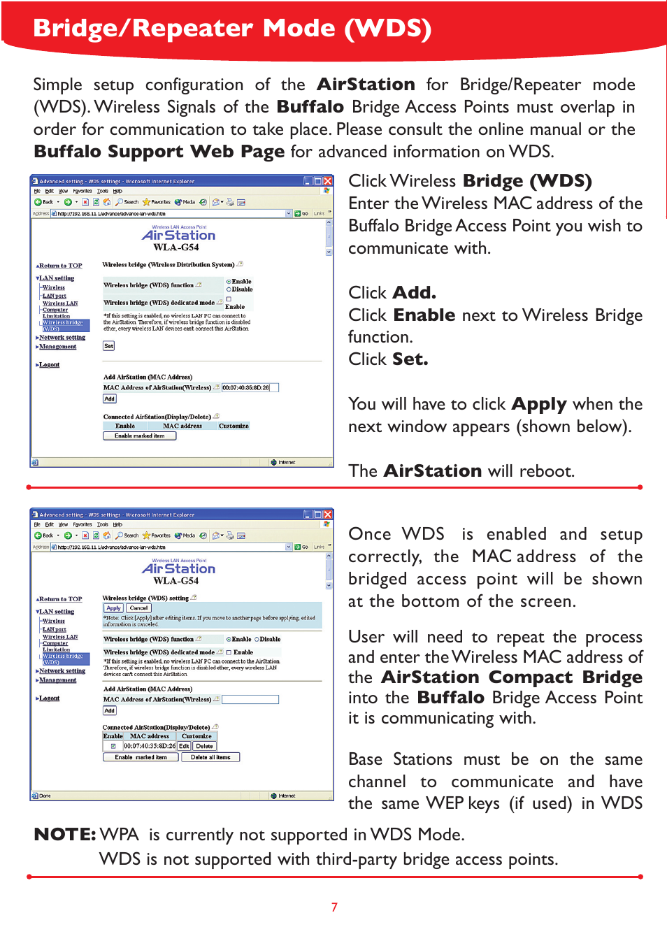 Bridge/repeater mode (wds) | Buffalo Technology WLA-G54 User Manual | Page 7 / 8