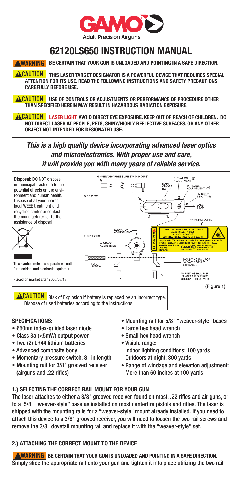 Gamo Red Laser Sight 650nm Weaver rail mount User Manual | 2 pages