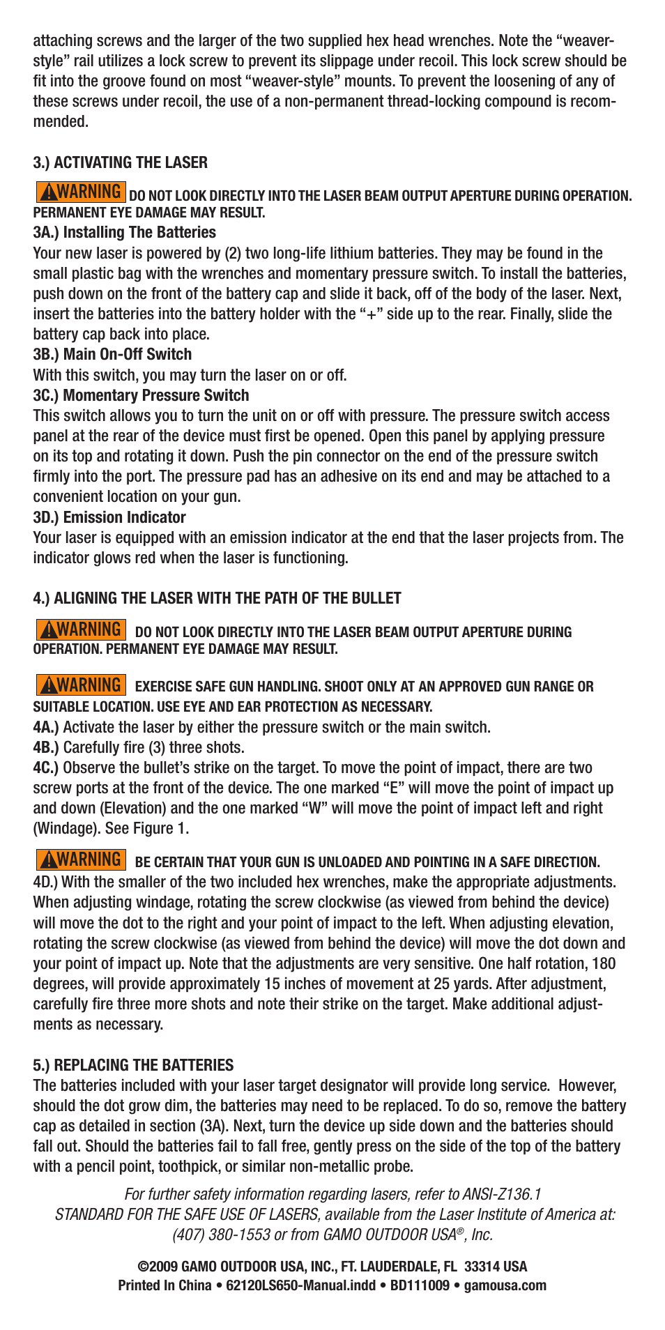 Danger, Warning, Caution | Gamo Red Laser Sight 650nm Weaver rail mount User Manual | Page 2 / 2