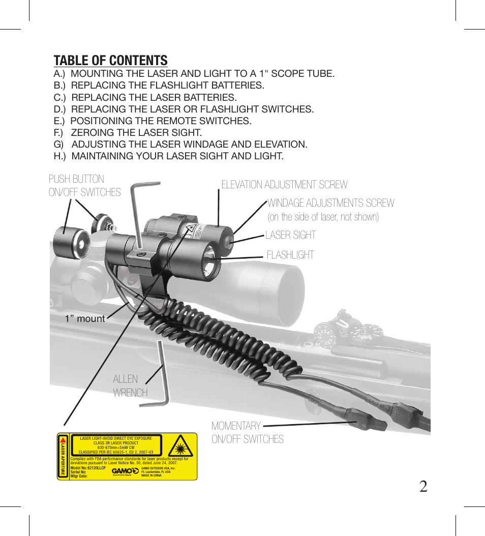 Gamo LLCP Laser and Light with Scope Mount User Manual | Page 2 / 8