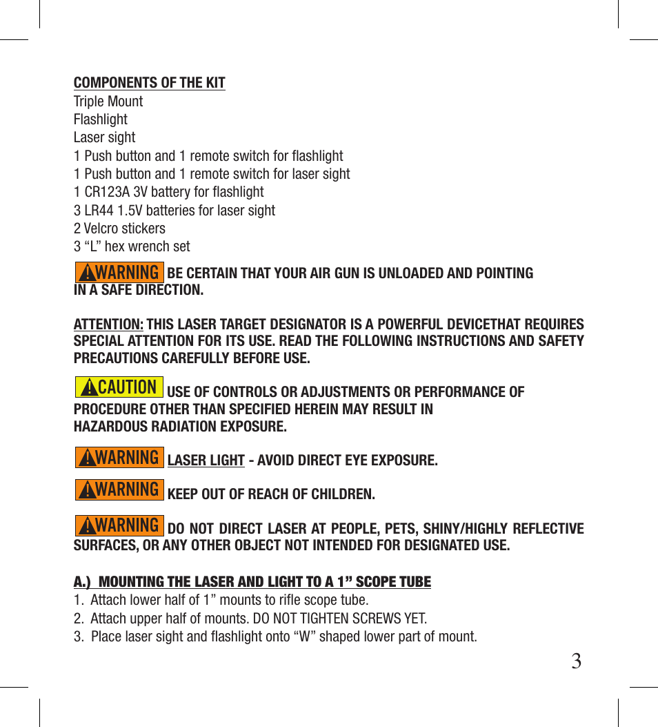 Danger, Warning, Caution | Gamo LLCP Laser and Light with Scope Mount User Manual | Page 3 / 8