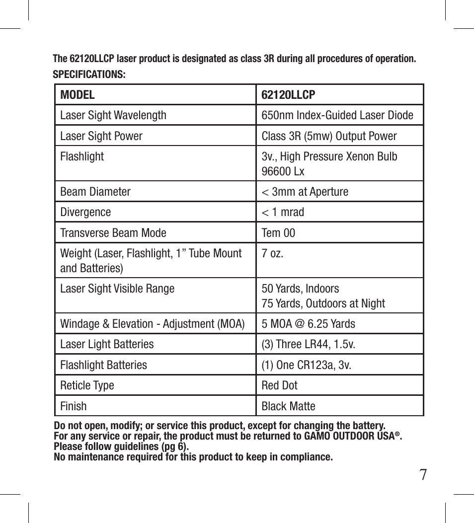 Gamo LLCP Laser and Light with Scope Mount User Manual | Page 7 / 8