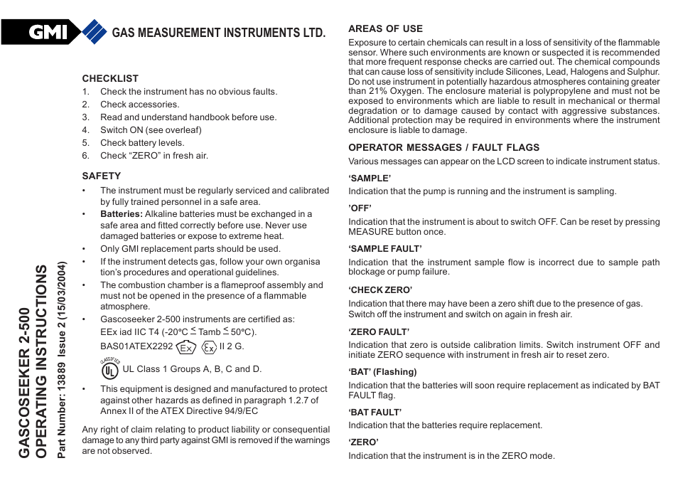 Gas Measurement Instruments Gascoseeker 2-500 User Manual | 2 pages