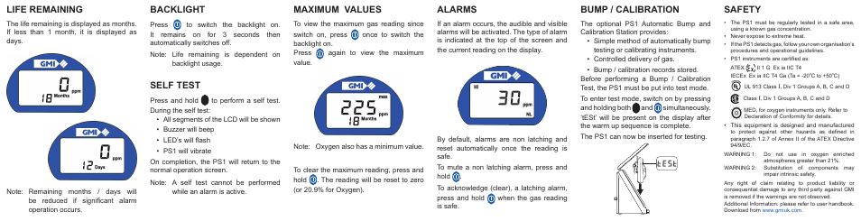 Backlight, Self test, Maximum values | Alarms, Bump / calibration, Safety, Life remaining | Gas Measurement Instruments PS1 Single Gas User Manual | Page 2 / 2