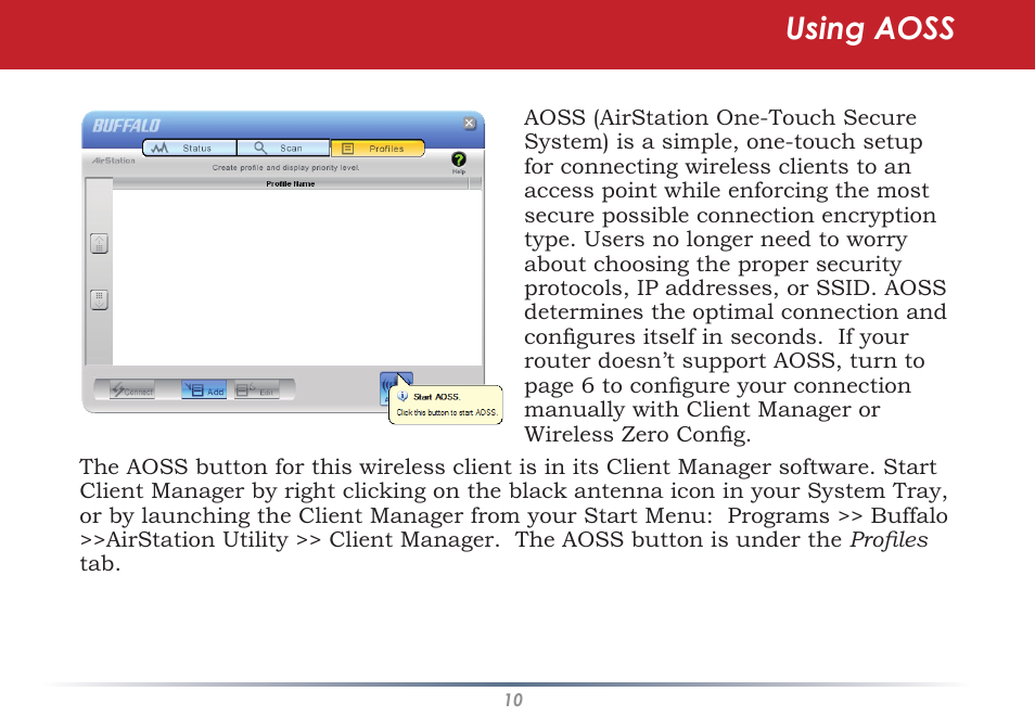 Using aoss | Buffalo Technology WLI-U2-SG54HG User Manual | Page 10 / 42