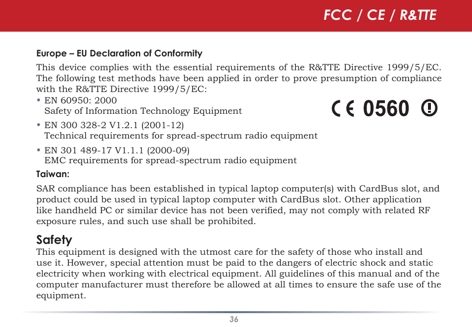 Fcc / ce / r&tte, Safety | Buffalo Technology WLI-U2-SG54HG User Manual | Page 36 / 42