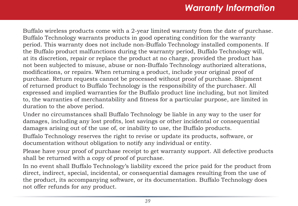 Warranty information | Buffalo Technology WLI-U2-SG54HG User Manual | Page 39 / 42