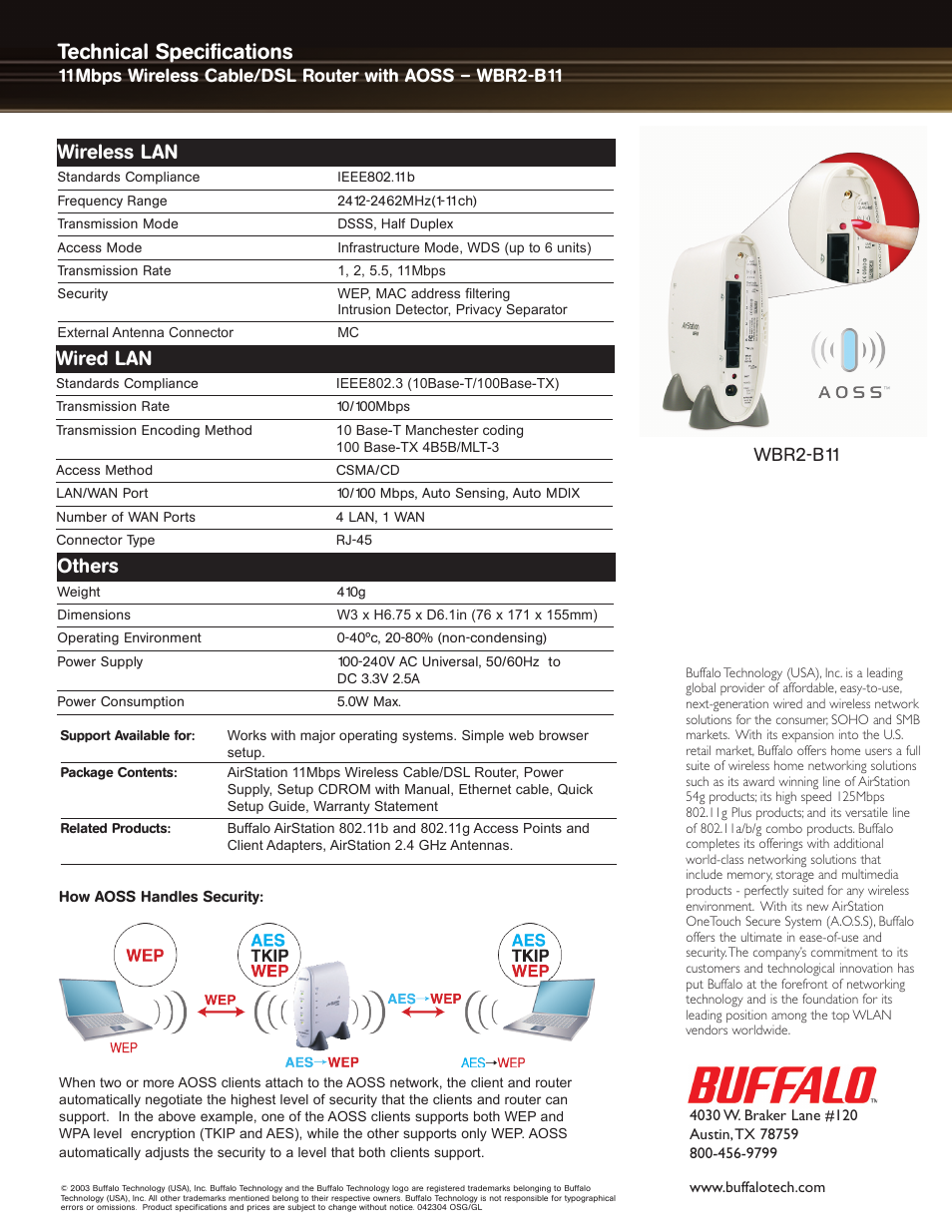 Technical specifications, Wireless lan, Wired lan | Others, Wbr2-b11 | Buffalo Technology Buffalo AirStation WBR2-B11 User Manual | Page 2 / 2