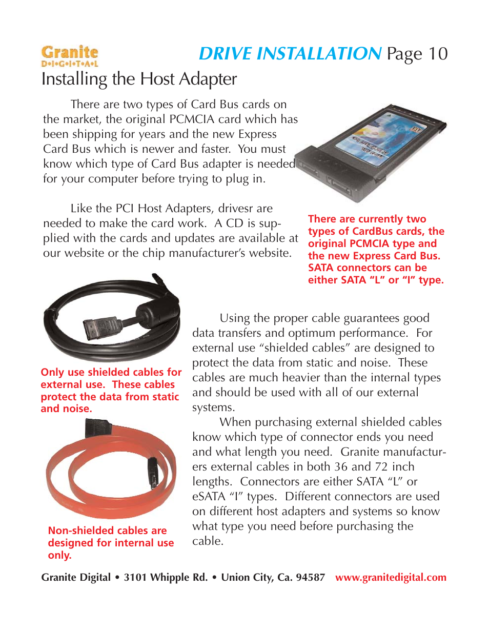 Drive installation, Page 10 installing the host adapter | Granite Digital SATA 2 Bay Aluminum Series User Manual | Page 10 / 18