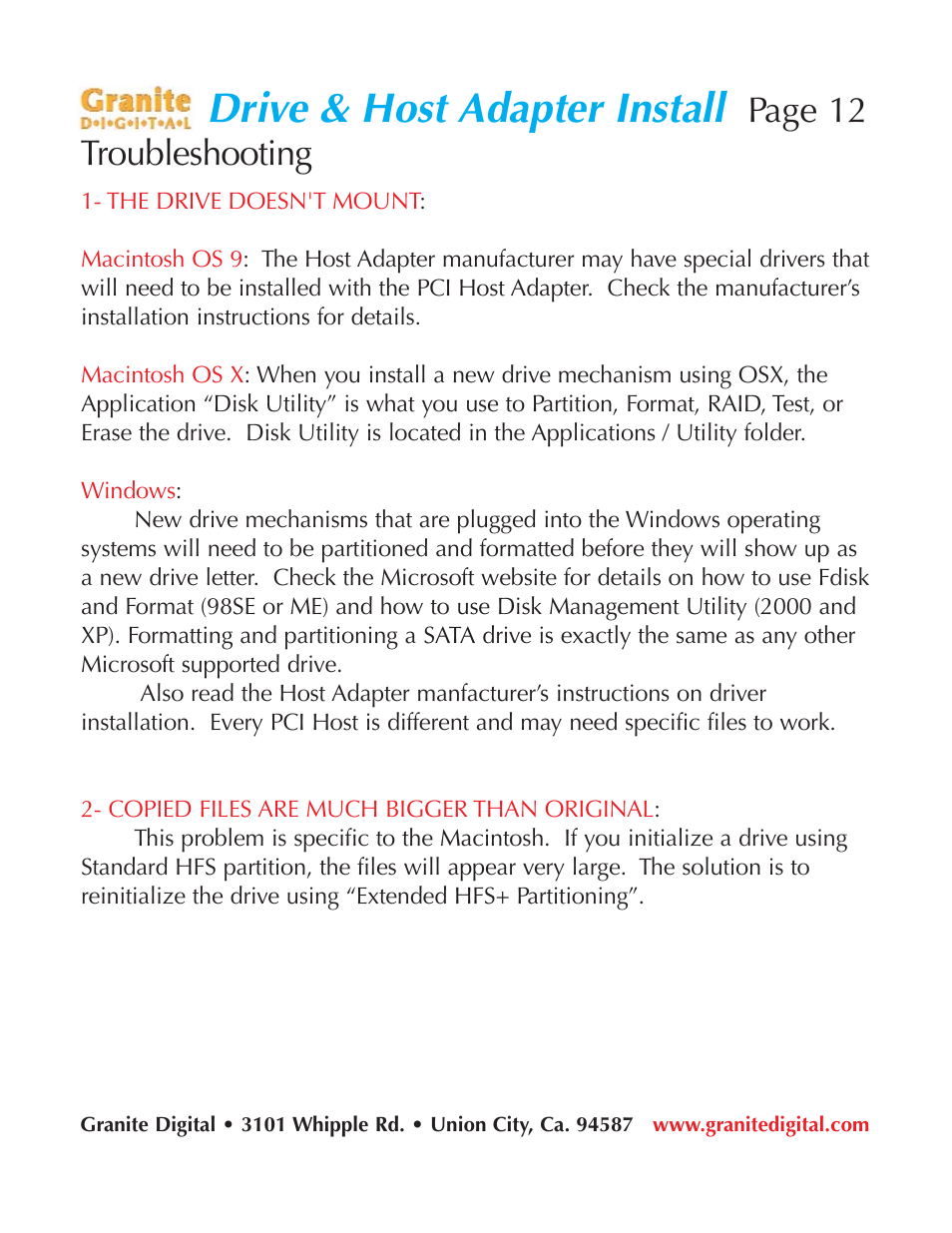 Drive & host adapter install, Page 12 troubleshooting | Granite Digital SATA 2 Bay Aluminum Series User Manual | Page 12 / 18