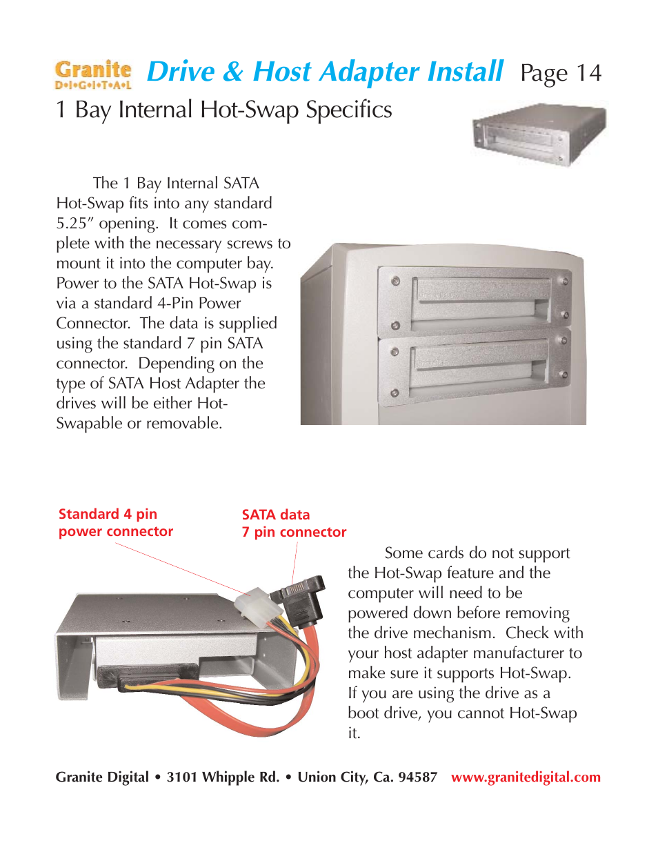 Drive & host adapter install, Page 14 1 bay internal hot-swap specifics | Granite Digital SATA 2 Bay Aluminum Series User Manual | Page 14 / 18