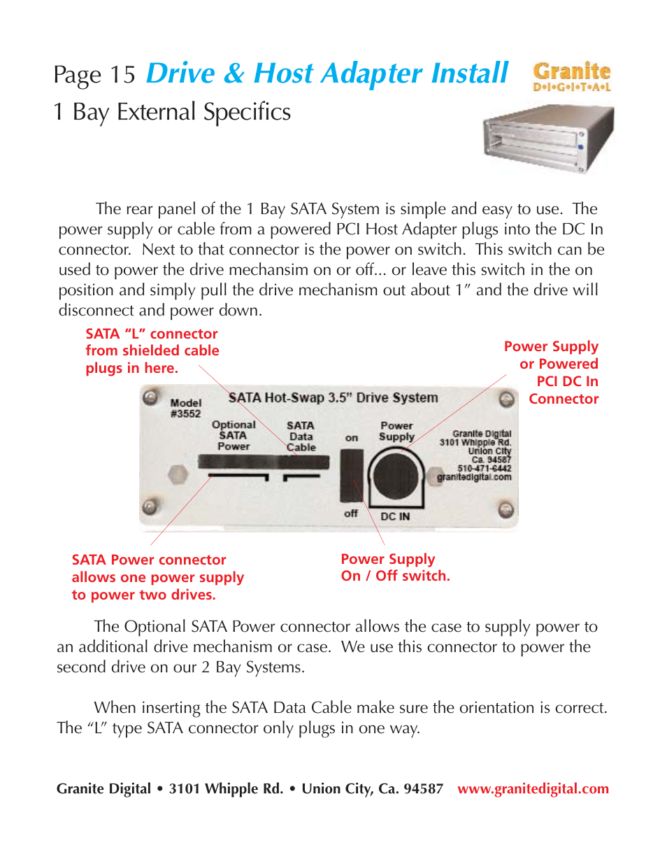 Drive & host adapter install, Page 15, 1 bay external specifics | Granite Digital SATA 2 Bay Aluminum Series User Manual | Page 15 / 18