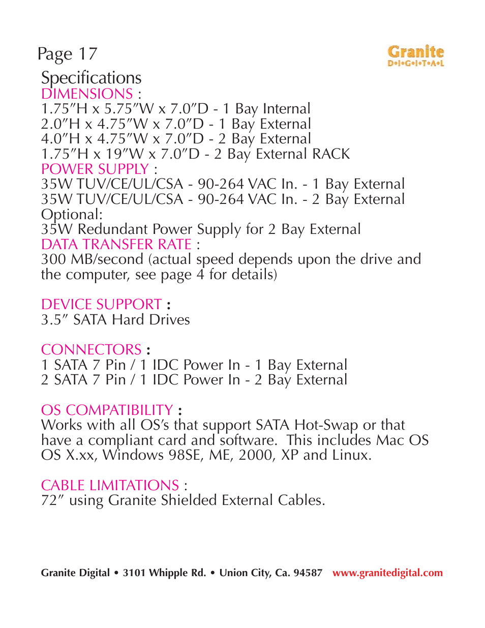 Page 17 specifications | Granite Digital SATA 2 Bay Aluminum Series User Manual | Page 17 / 18