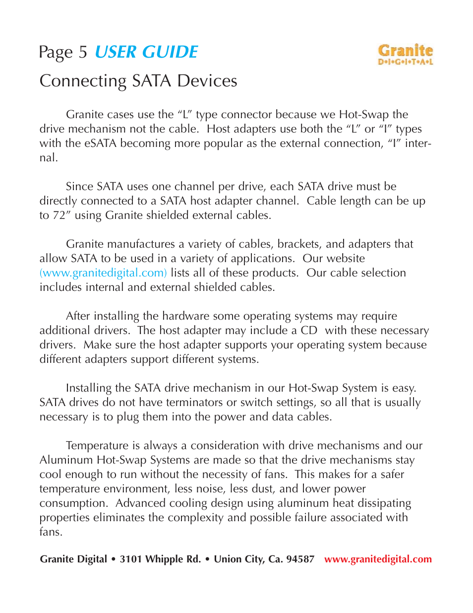 User guide, Connecting sata devices, Page 5 | Granite Digital SATA 2 Bay Aluminum Series User Manual | Page 5 / 18