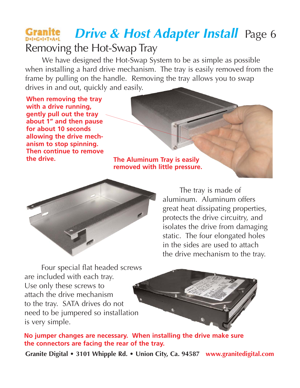 Drive & host adapter install, Removing the hot-swap tray, Page 6 | Granite Digital SATA 2 Bay Aluminum Series User Manual | Page 6 / 18