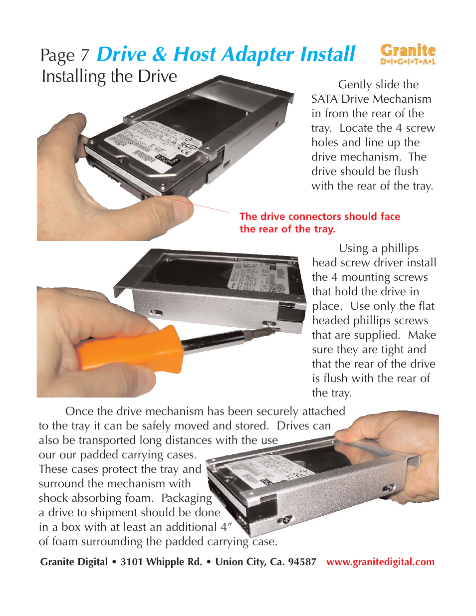 Drive & host adapter install, Page 7, Installing the drive | Granite Digital SATA 2 Bay Aluminum Series User Manual | Page 7 / 18