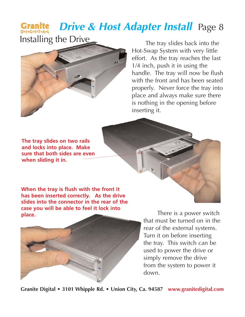 Drive & host adapter install, Page 8 installing the drive | Granite Digital SATA 2 Bay Aluminum Series User Manual | Page 8 / 18