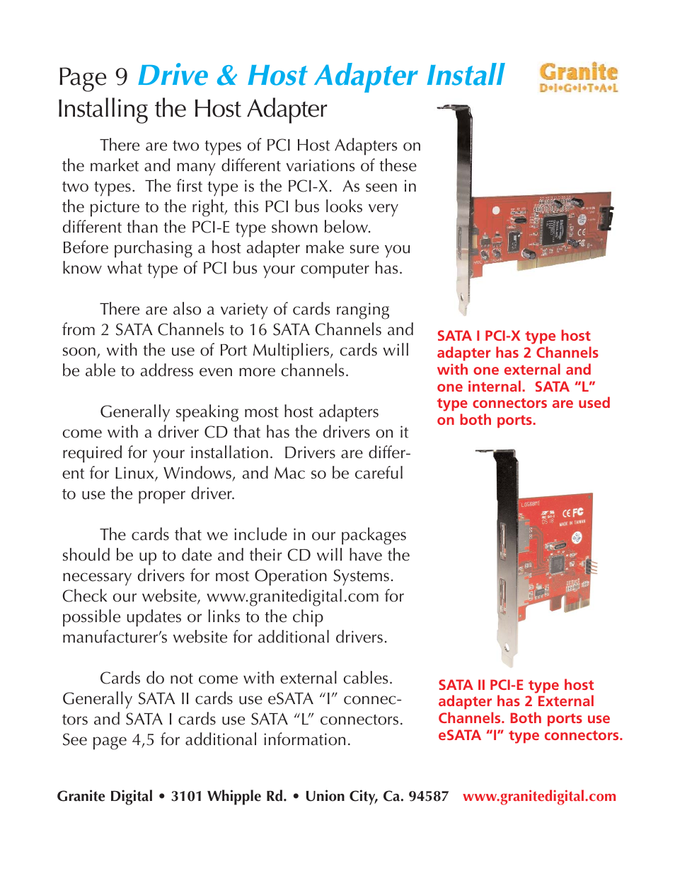 Drive & host adapter install, Page 9, Installing the host adapter | Granite Digital SATA 2 Bay Aluminum Series User Manual | Page 9 / 18