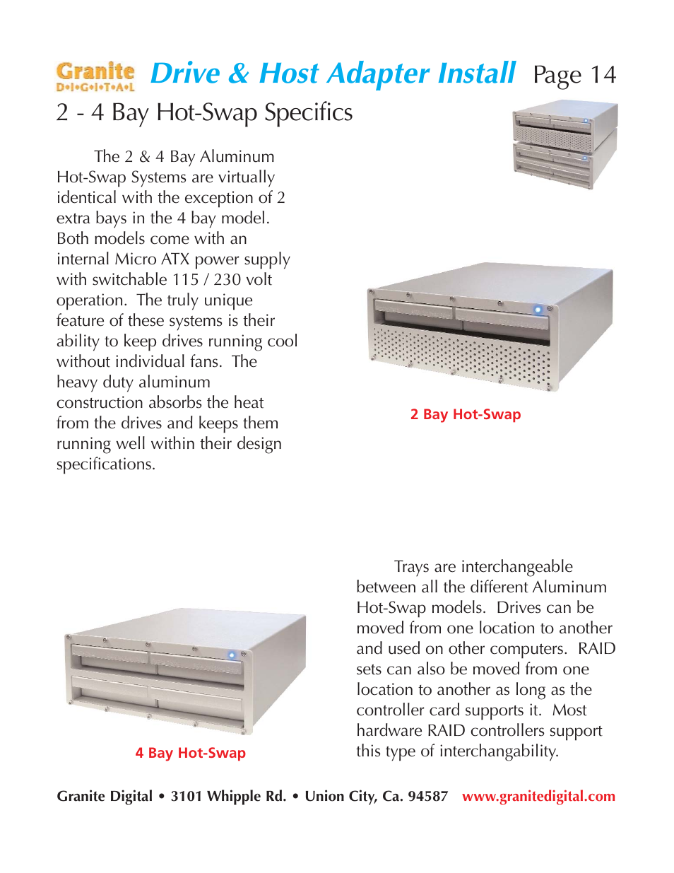 Drive & host adapter install, Page 14 2 - 4 bay hot-swap specifics | Granite Digital SATA 8 Bay Rack Expandable User Manual | Page 14 / 18