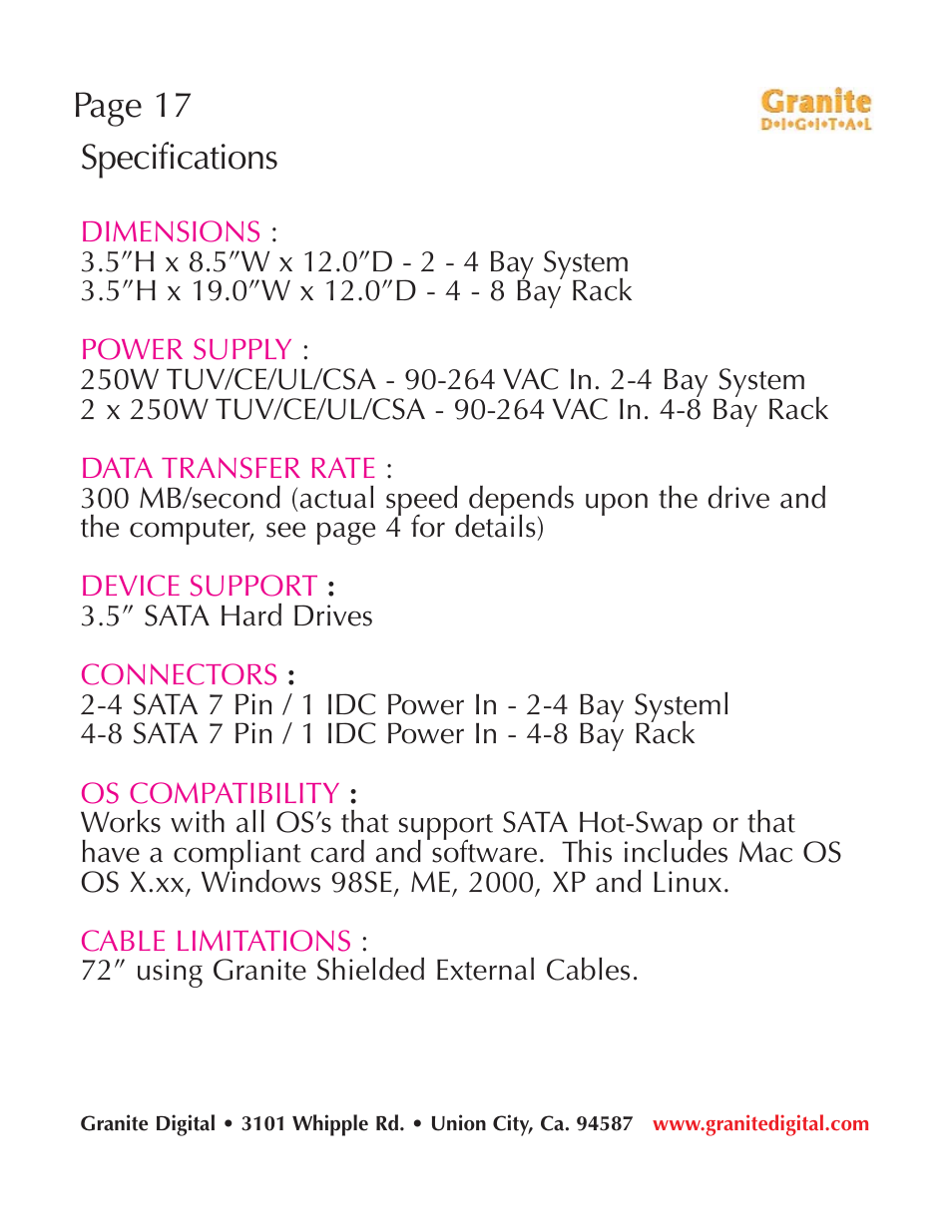 Page 17 specifications | Granite Digital SATA 8 Bay Rack Expandable User Manual | Page 17 / 18