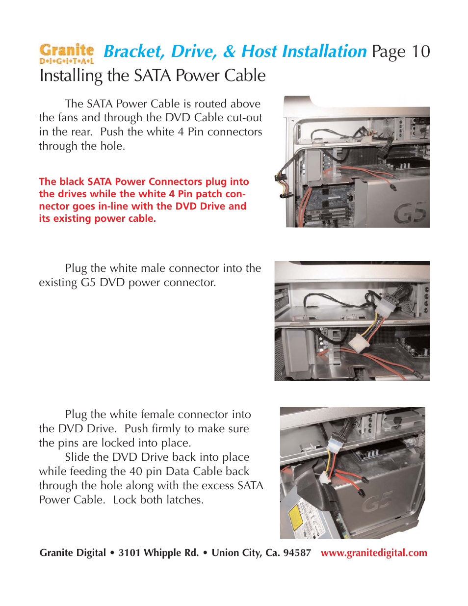 Bracket, drive, & host installation, Page 10 installing the sata power cable | Granite Digital SATA G5 Mounting Bracket Kit User Manual | Page 10 / 18