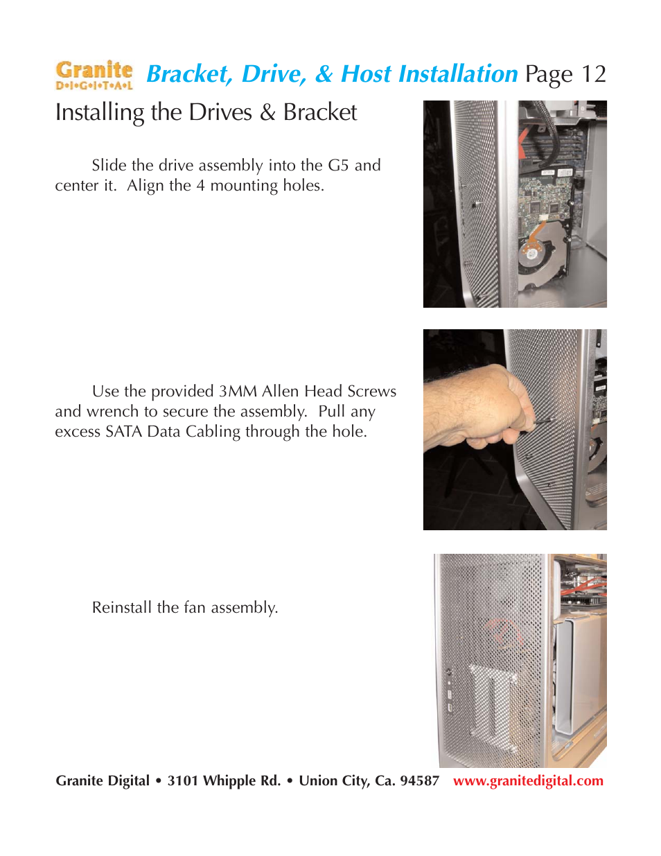 Bracket, drive, & host installation, Page 12 installing the drives & bracket | Granite Digital SATA G5 Mounting Bracket Kit User Manual | Page 12 / 18