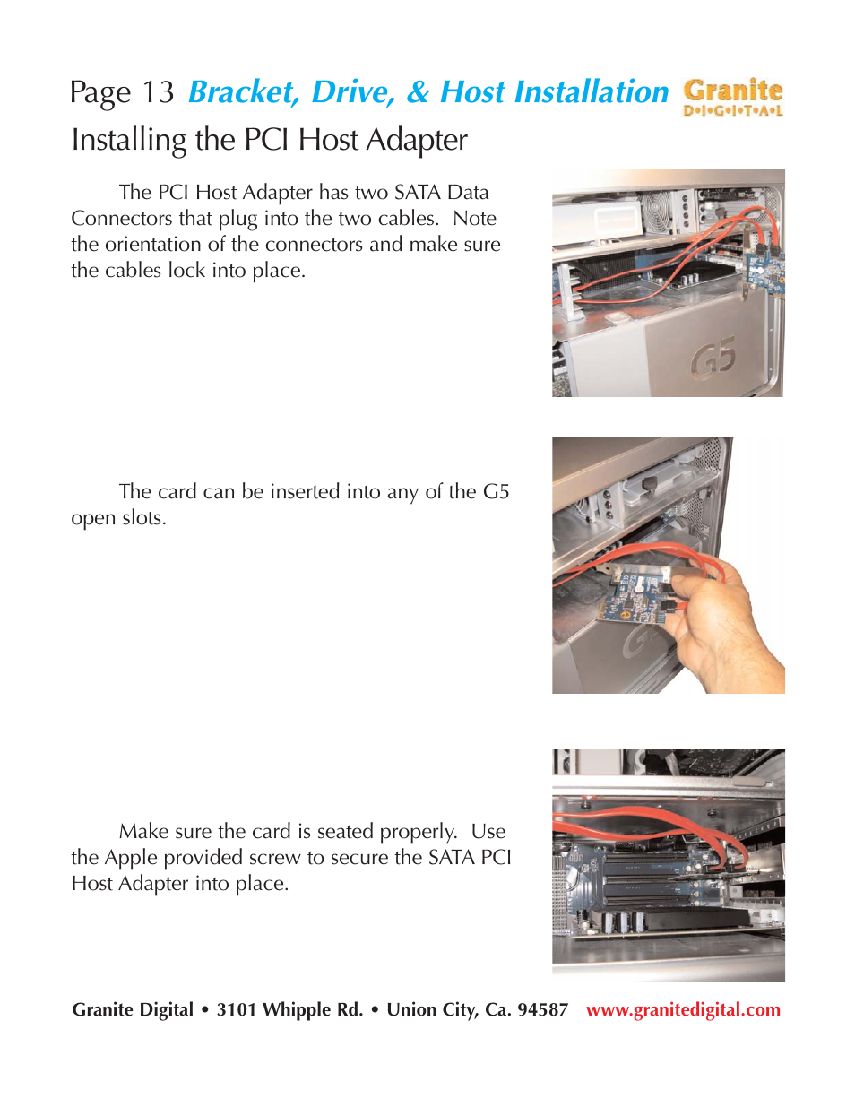 Bracket, drive, & host installation, Page 13, Installing the pci host adapter | Granite Digital SATA G5 Mounting Bracket Kit User Manual | Page 13 / 18