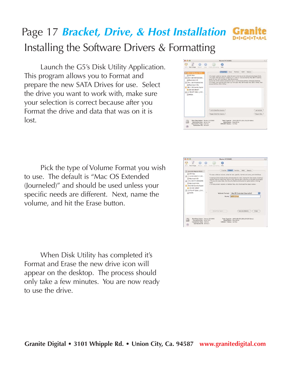 Bracket, drive, & host installation, Page 17, Installing the software drivers & formatting | Granite Digital SATA G5 Mounting Bracket Kit User Manual | Page 17 / 18