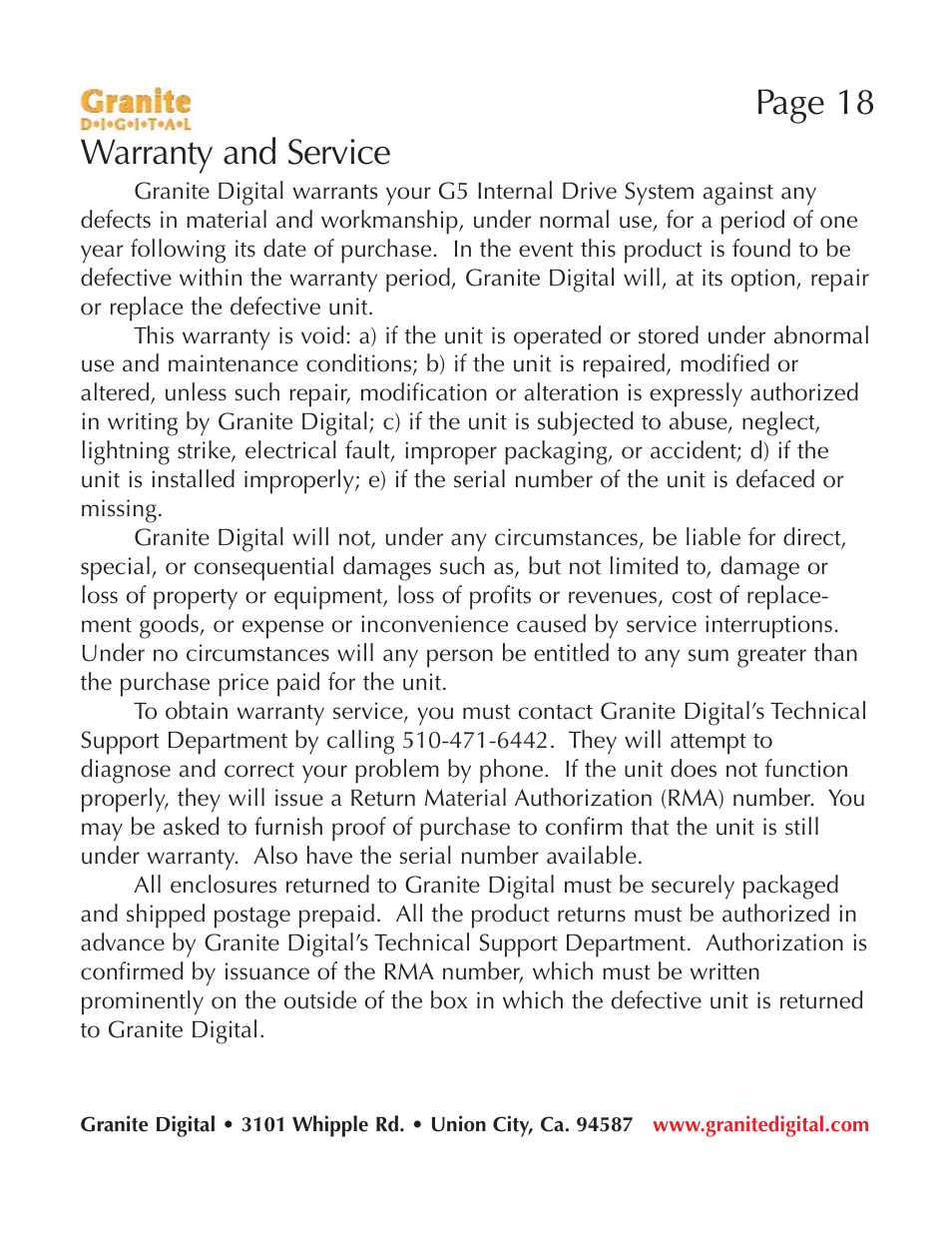 Page 18 warranty and service | Granite Digital SATA G5 Mounting Bracket Kit User Manual | Page 18 / 18