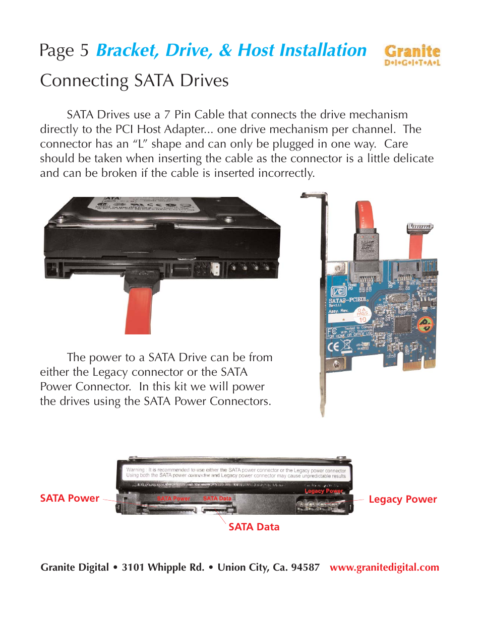 Bracket, drive, & host installation, Page 5, Connecting sata drives | Granite Digital SATA G5 Mounting Bracket Kit User Manual | Page 5 / 18