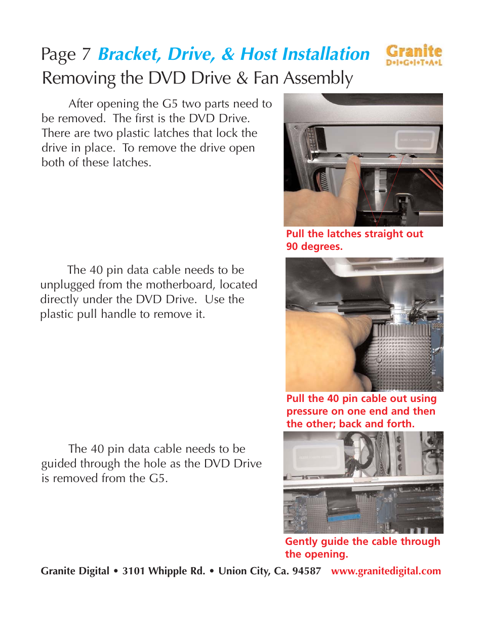 Bracket, drive, & host installation, Page 7, Removing the dvd drive & fan assembly | Granite Digital SATA G5 Mounting Bracket Kit User Manual | Page 7 / 18