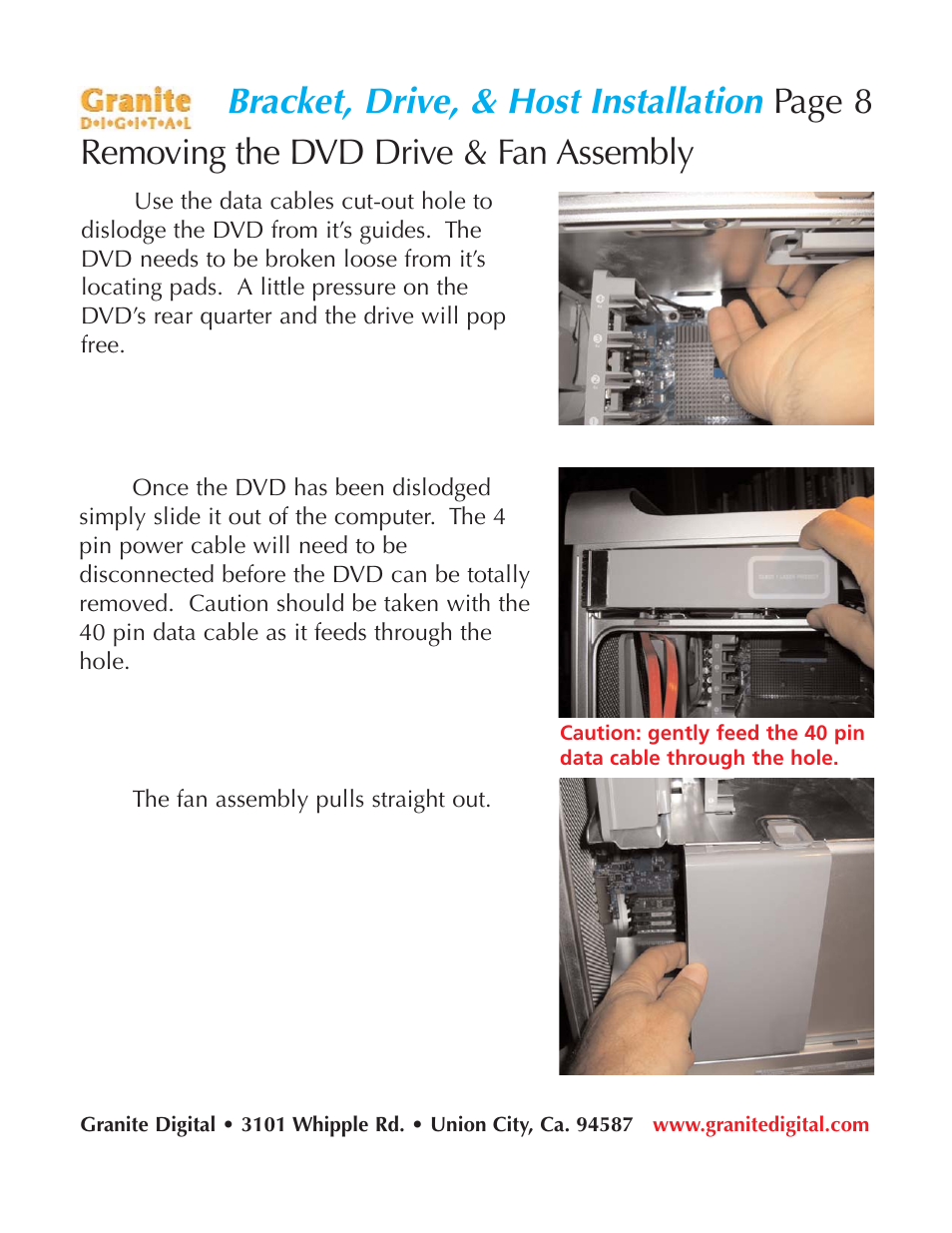 Bracket, drive, & host installation, Page 8 removing the dvd drive & fan assembly | Granite Digital SATA G5 Mounting Bracket Kit User Manual | Page 8 / 18