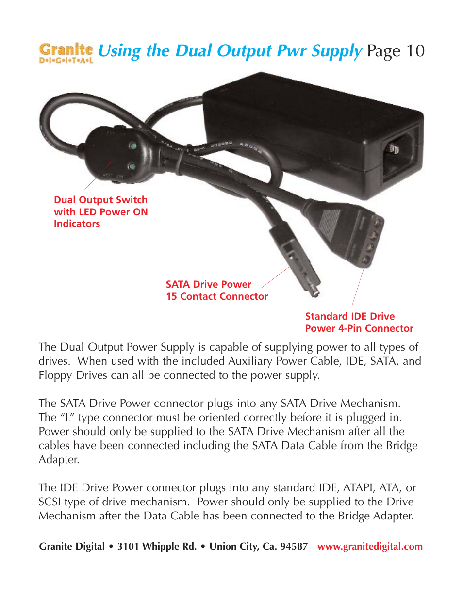 Using the dual output pwr supply, Page 10 | Granite Digital USB Emergency Drive User Manual | Page 10 / 16