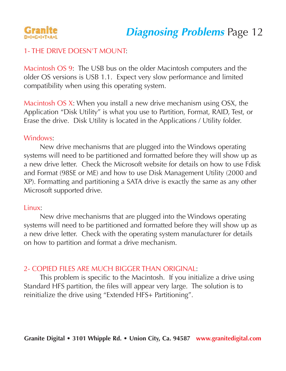 Diagnosing problems, Page 12 | Granite Digital USB Emergency Drive User Manual | Page 12 / 16