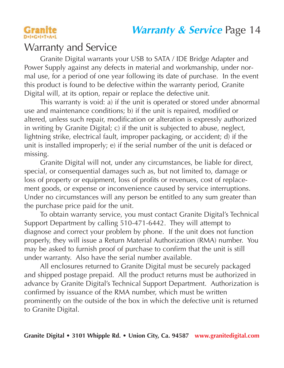 Warranty & service, Page 14 warranty and service | Granite Digital USB Emergency Drive User Manual | Page 14 / 16