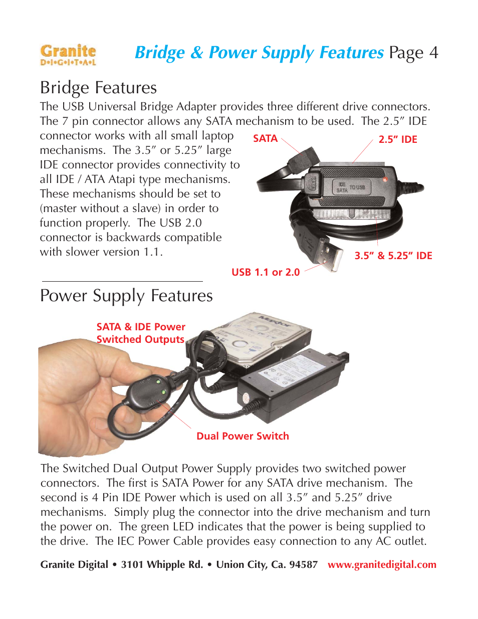 Bridge & power supply features, Page 4 bridge features, Power supply features | Granite Digital USB Emergency Drive User Manual | Page 4 / 16