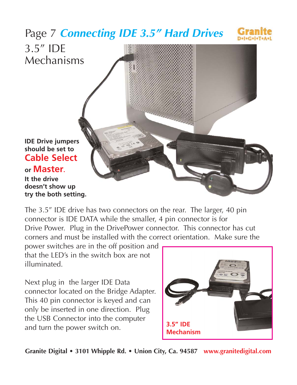 Connecting ide 3.5” hard drives, Page 7, 5” ide mechanisms | Cable select, Master | Granite Digital USB Emergency Drive User Manual | Page 7 / 16