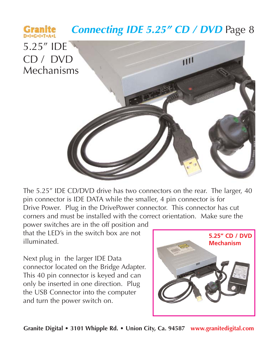 Connecting ide 5.25” cd / dvd, Page 8, 25” ide cd / dvd mechanisms | Granite Digital USB Emergency Drive User Manual | Page 8 / 16