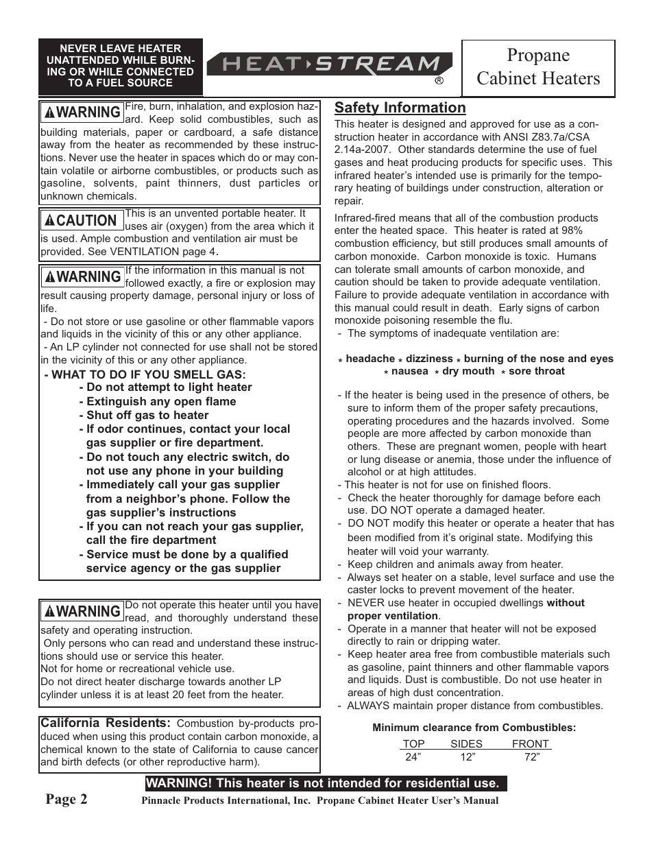 Propane cabinet heaters, Warning, Warning caution warning | Page 2, Safety information | HeatStream HS-18-PCH-A User Manual | Page 2 / 8