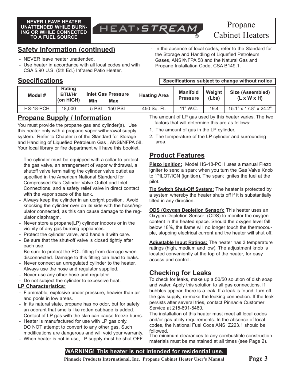 Propane cabinet heaters, Propane supply / information, Product features | Checking for leaks | HeatStream HS-18-PCH-A User Manual | Page 3 / 8