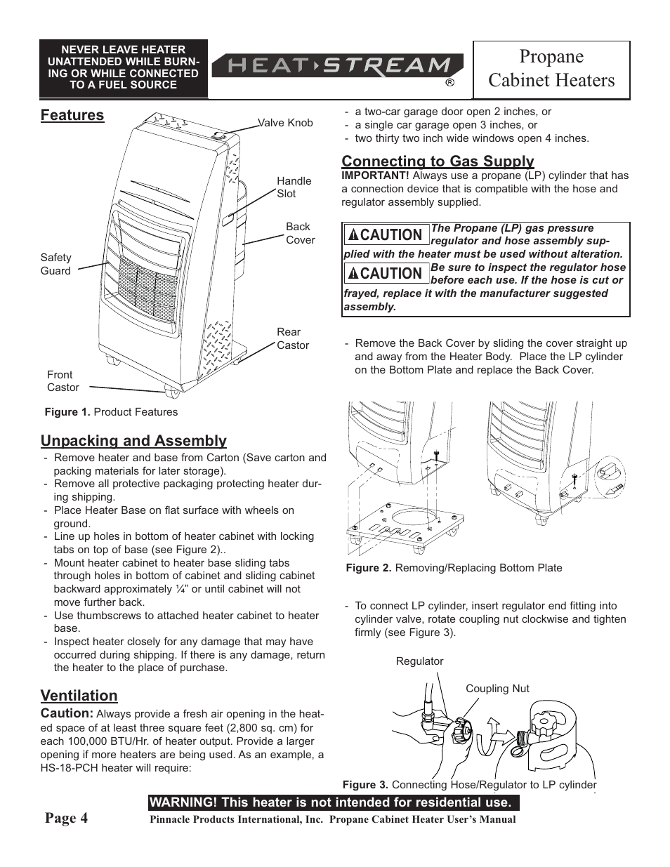 Propane cabinet heaters, Caution, Unpacking and assembly | Ventilation, Connecting to gas supply, Page 4, Features | HeatStream HS-18-PCH-A User Manual | Page 4 / 8