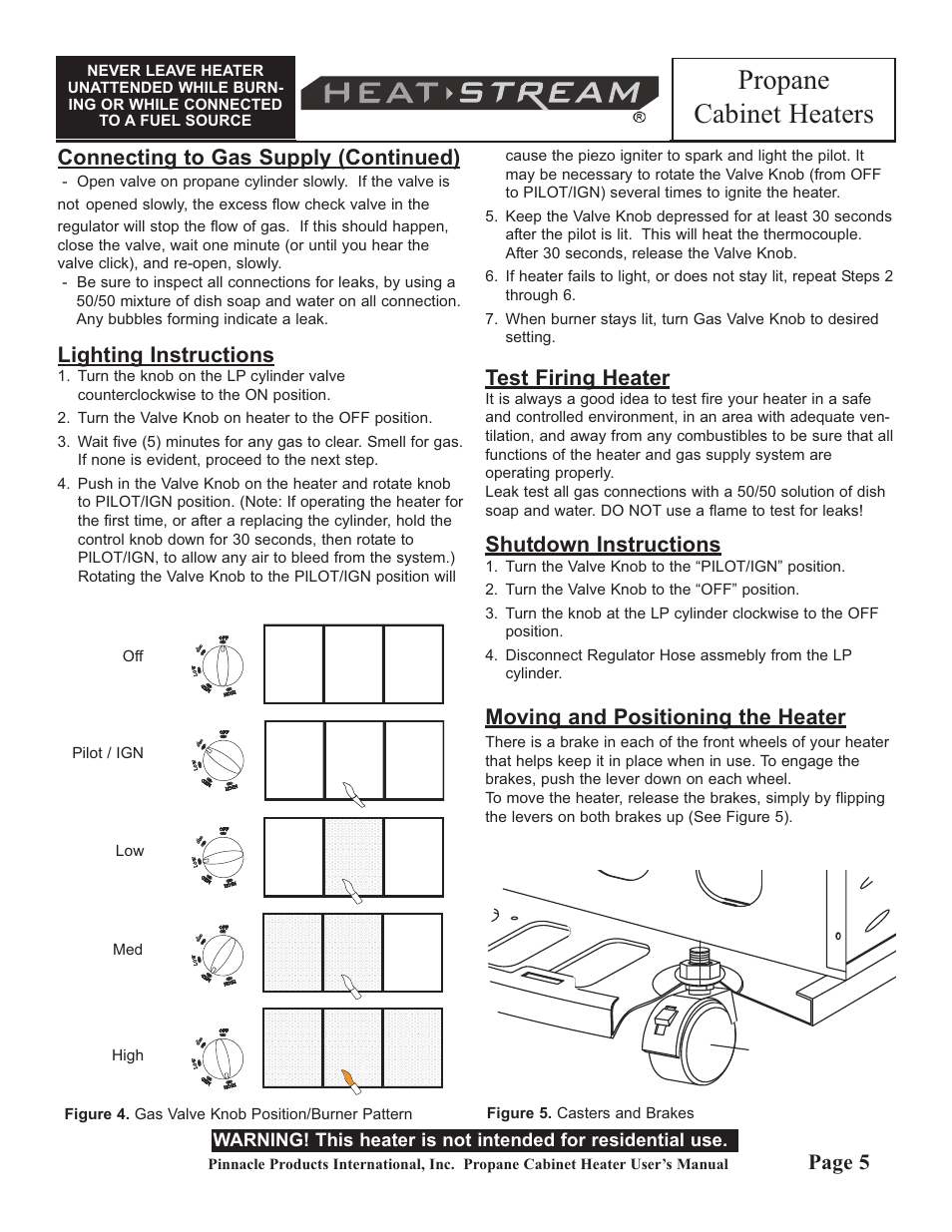 Propane cabinet heaters, Connecting to gas supply (continued), Lighting instructions | Test firing heater, Shutdown instructions, Moving and positioning the heater, Page 5 | HeatStream HS-18-PCH-A User Manual | Page 5 / 8