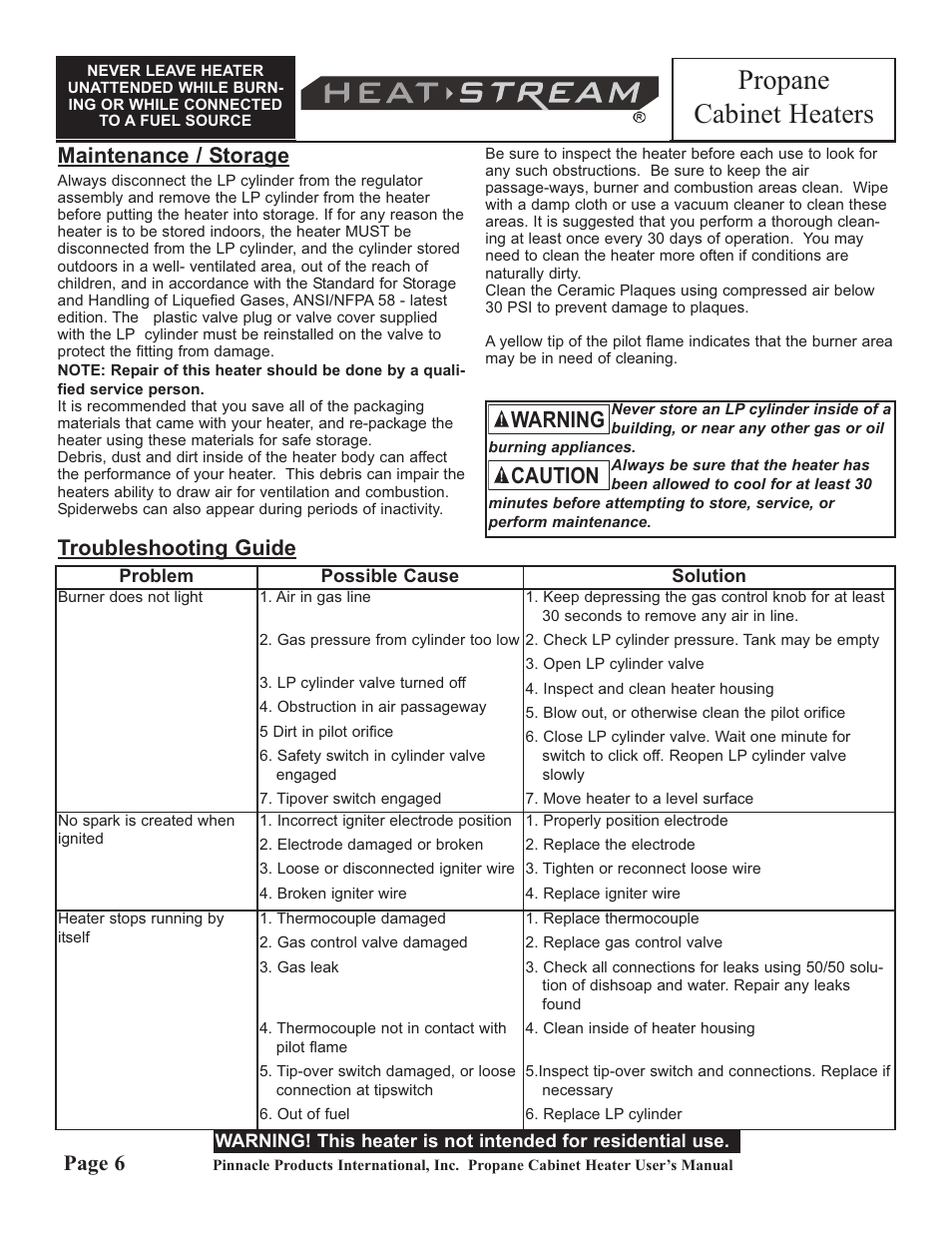 Propane cabinet heaters, Caution warning, Maintenance / storage | Page 6, Troubleshooting guide | HeatStream HS-18-PCH-A User Manual | Page 6 / 8